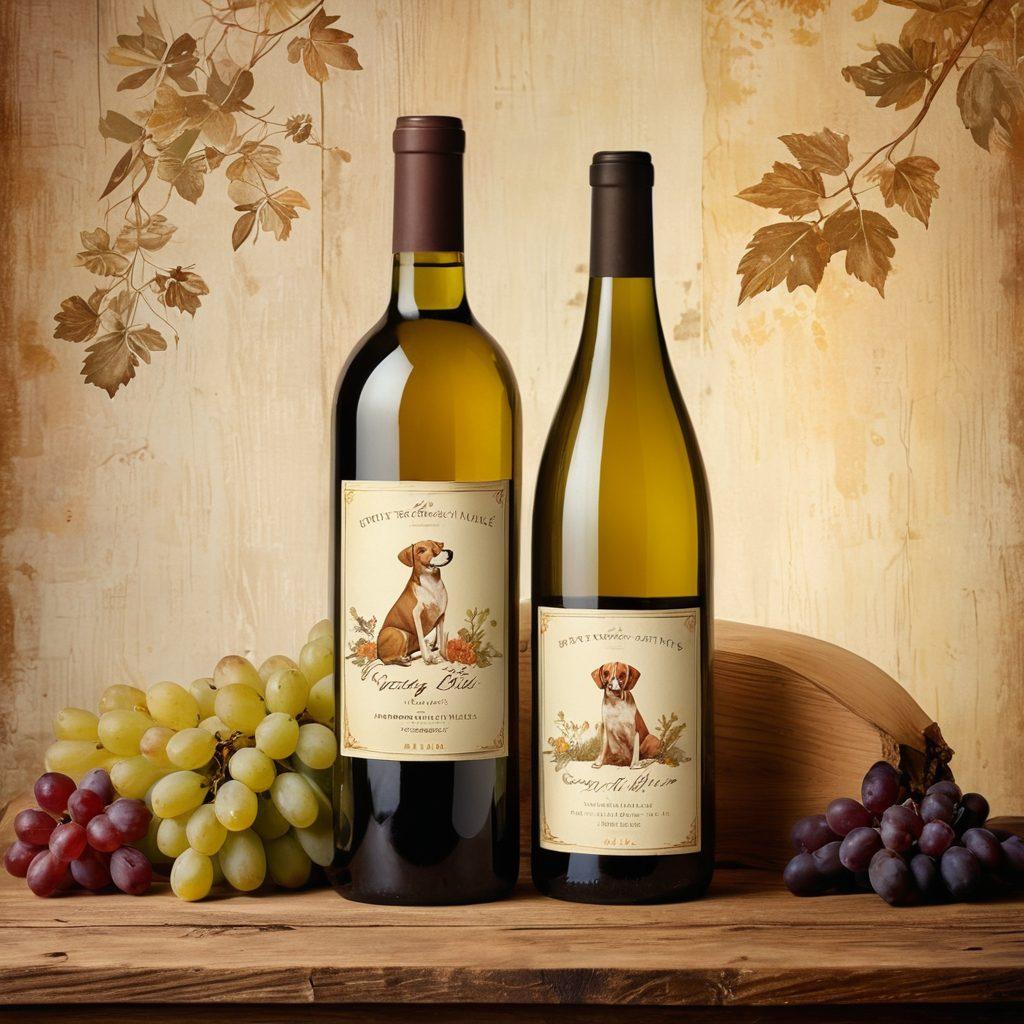 A sophisticated vintage wine bottle elegantly resting on a rustic wooden table, surrounded by playful dog illustrations that blend seamlessly into the background. The scene captures a warm, inviting atmosphere with soft golden lighting, accentuating the textures of the wine label and the charm of the dog designs. Include subtle hints of grapes and leafy vines intertwining with the elements to enrich the aesthetic. painting. warm colors. vintage style.