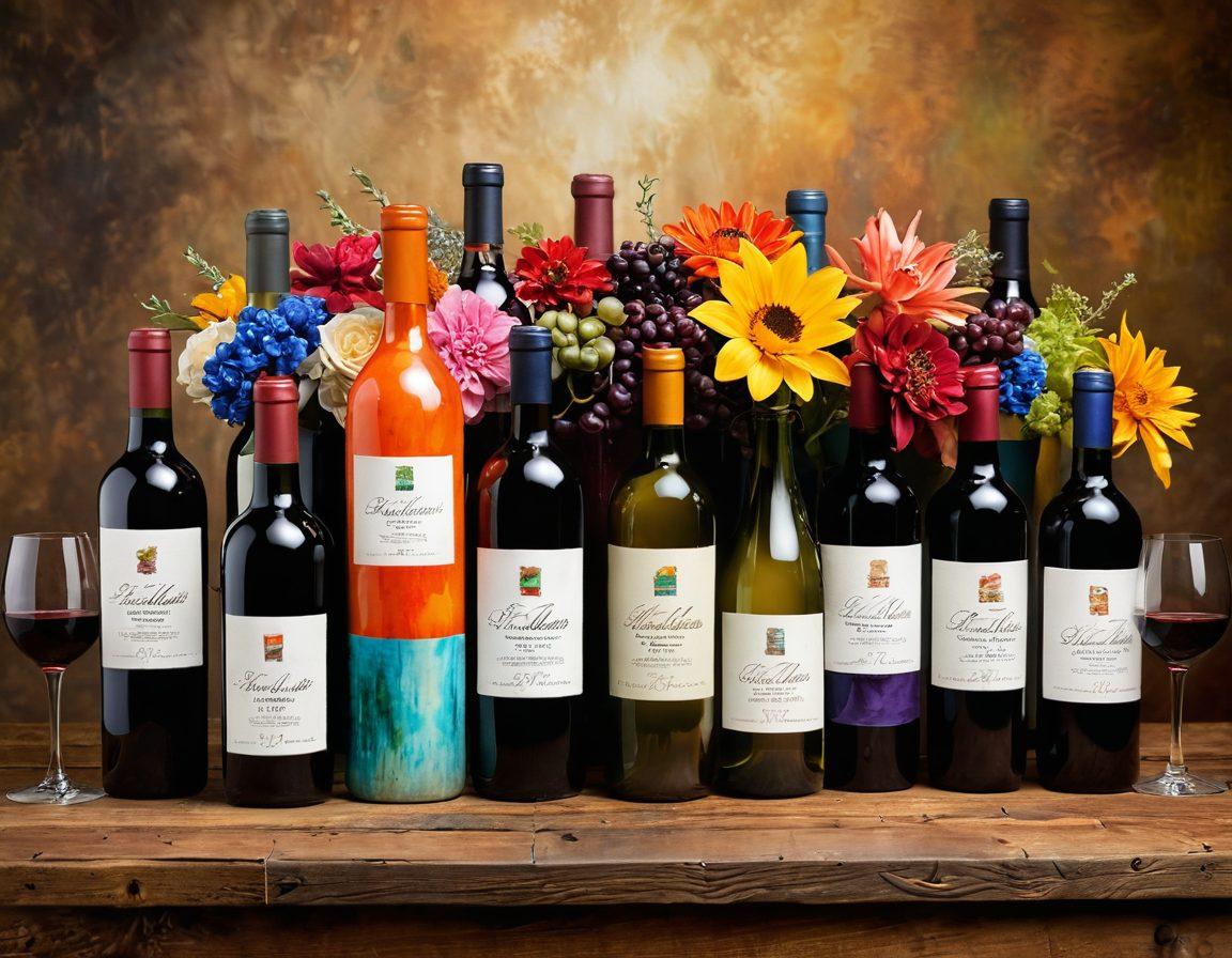 A beautifully arranged wine table showcasing a variety of colorful wine bottles with artistic labels, surrounded by gourmet foods that complement each wine. The setting is infused with a warm, inviting atmosphere, featuring elegant glassware and candlelight that enhances the mood. Elements of creativity are depicted through paint splashes and artistic brush strokes around the bottles, symbolizing artful expressions. The backdrop is a rustic wooden table with vibrant floral arrangements to evoke a sense of celebration. super-realistic. vibrant colors. warm tones.