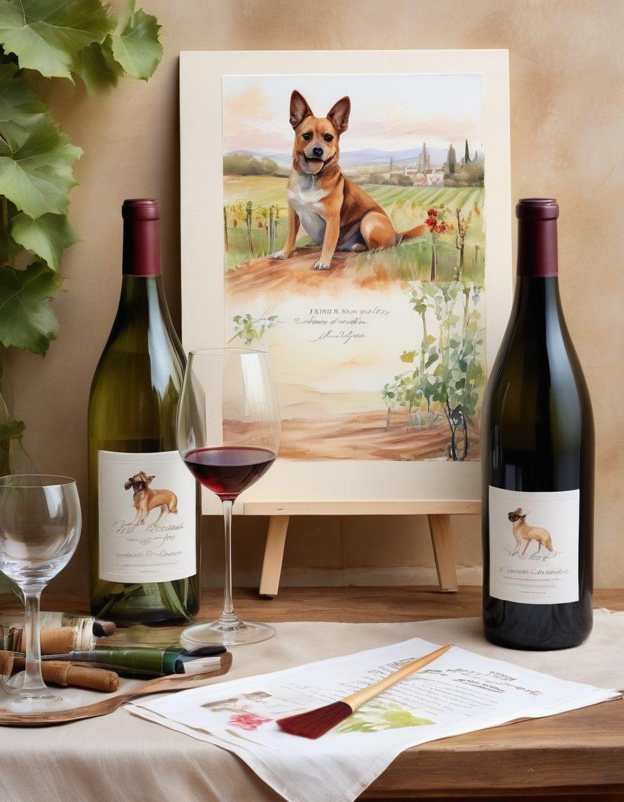 An elegant table setting featuring a beautifully arranged wine glass and a paintbrush resting beside a canvas adorned with a dog portrait, surrounded by whimsical wine bottle labels depicting artistic dogs. Soft ambient light filters through leaves, creating a cozy atmosphere. The background hints at a vineyard. watercolor style. warm tones. vibrant colors.